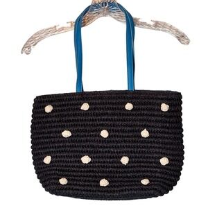 Talbots Navy Blue and Cream Polka Dot straw 
Tote 10 x 15